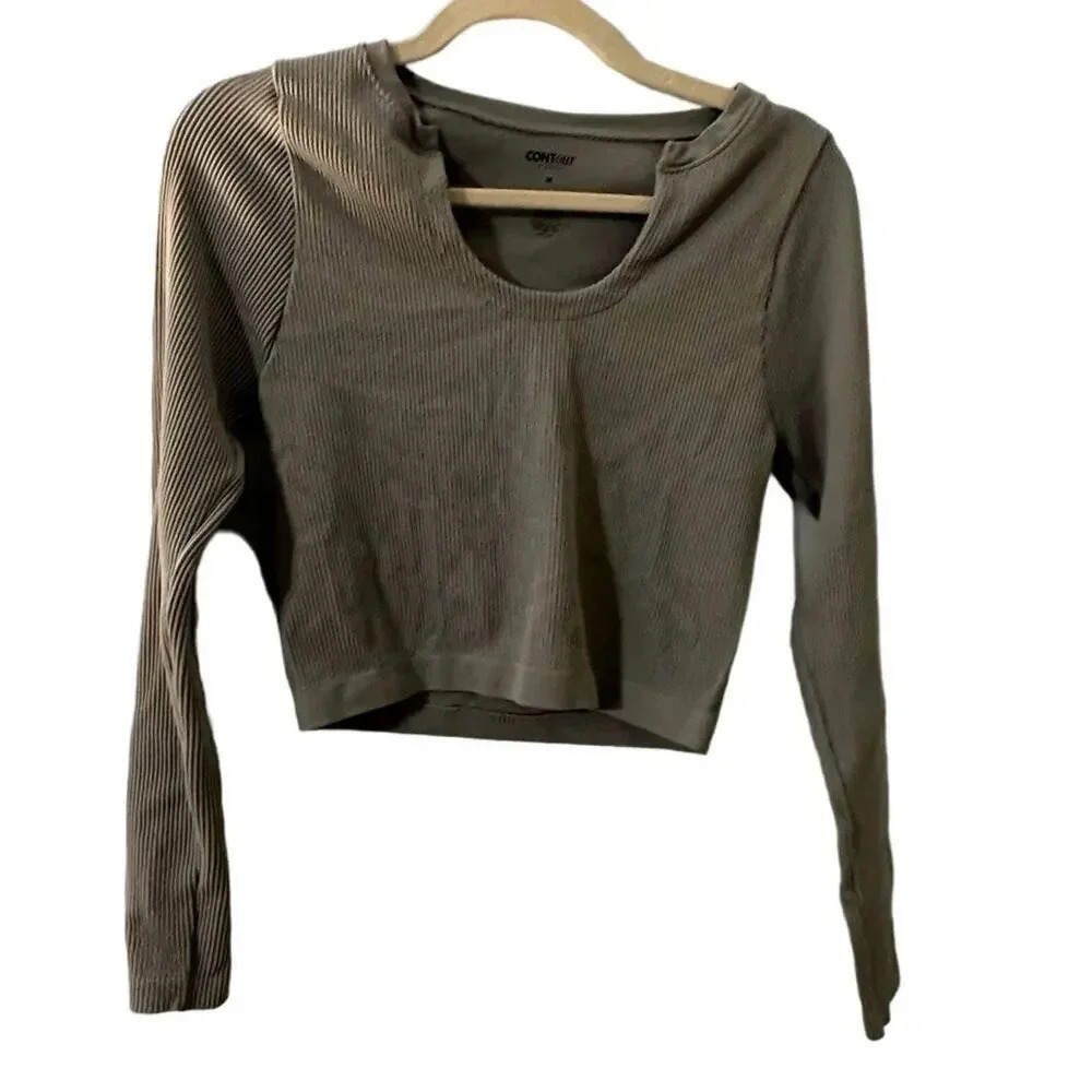 Contour Pac Sun Cropped Ribbed Long-Sleeved Shirt Size Medium Stretch Scoop Neck